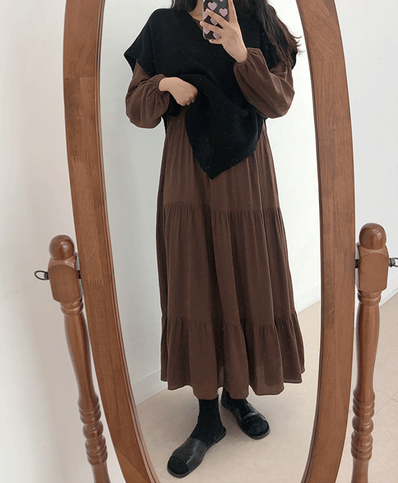 [모델소장] 밀라노 라운드 맥시 롱 원피스 2c - 요루 캉캉 긴팔 간절기 DRESS 브라운 블랙