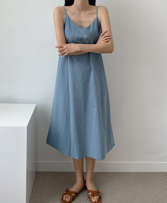 [무료배송] 끈 민소매 코튼 롱 미디 원피스 3c - 여름 썸머 끈 나시 DRESS 블랙 소라 연베이지