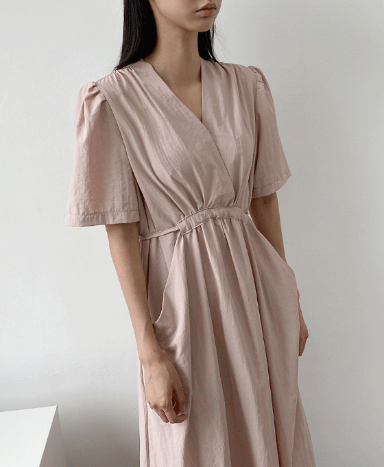 [무료배송] 브이넥 랩 스트링 퍼프 훌 롱 원피스 3c - 포켓 맥시 여름 시원한 DRESS 소라 아이보리 핑크
